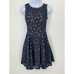 City Studio Lace Overlay Fit Flare Sleeveless Mini Dress Junior Size 1 Navy Blue